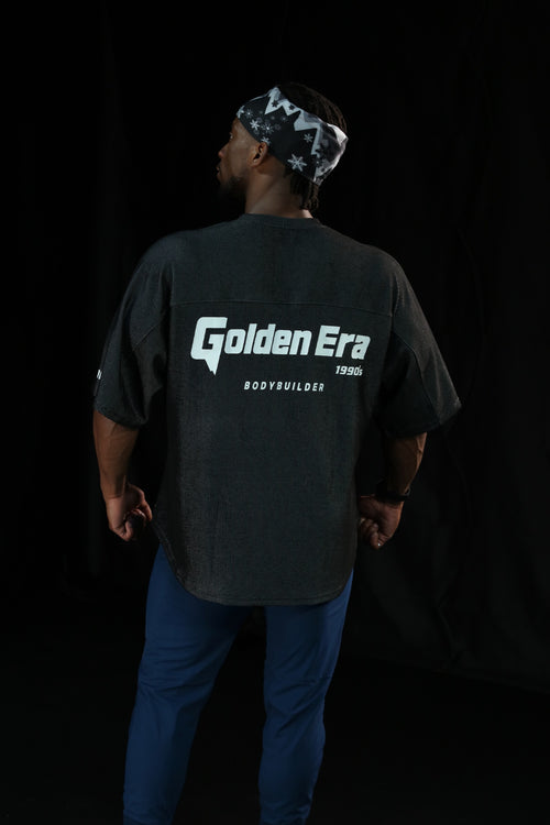 Waffle Rag Top in Charcoal Black, back with Golden Era Bodybuilder print