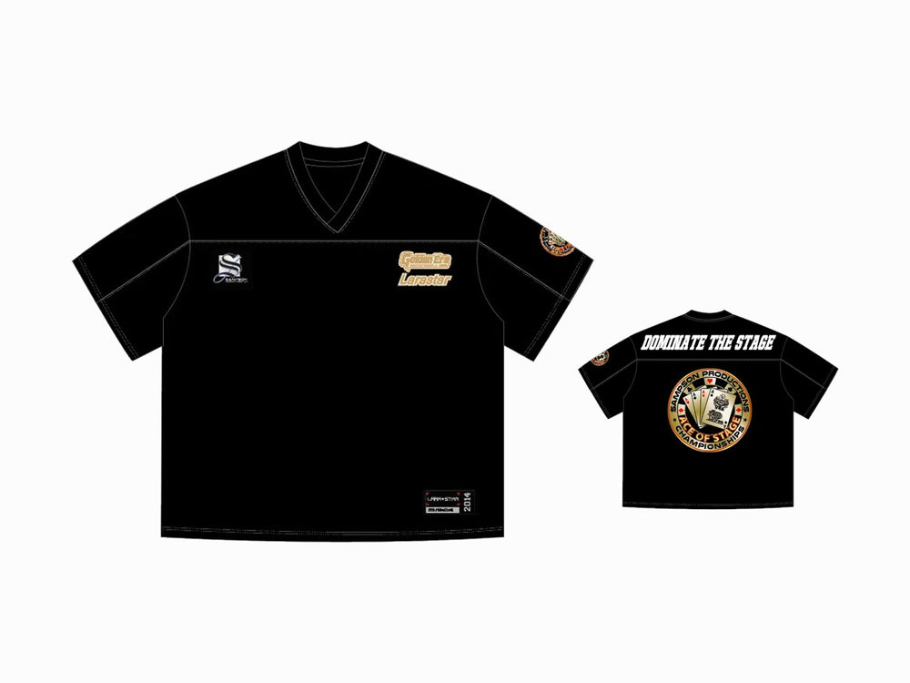 Ace of Stage Championships Dominate the Stage jersey in black and gold by Golden Era, front and back