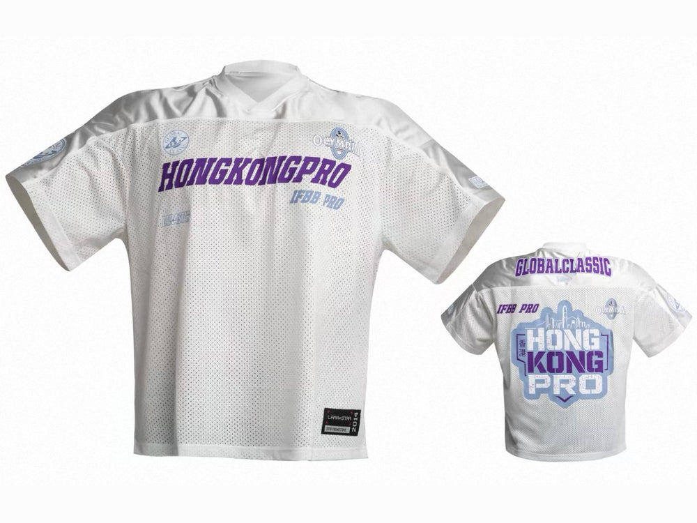 Hong Kong Pro Show 2026 jersey in white and purple, front and back