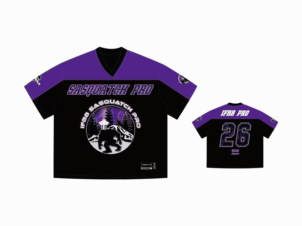 Sasquatch Pro-Am 2026 IFBB Pro jersey in black and purple by Golden Era, front and back