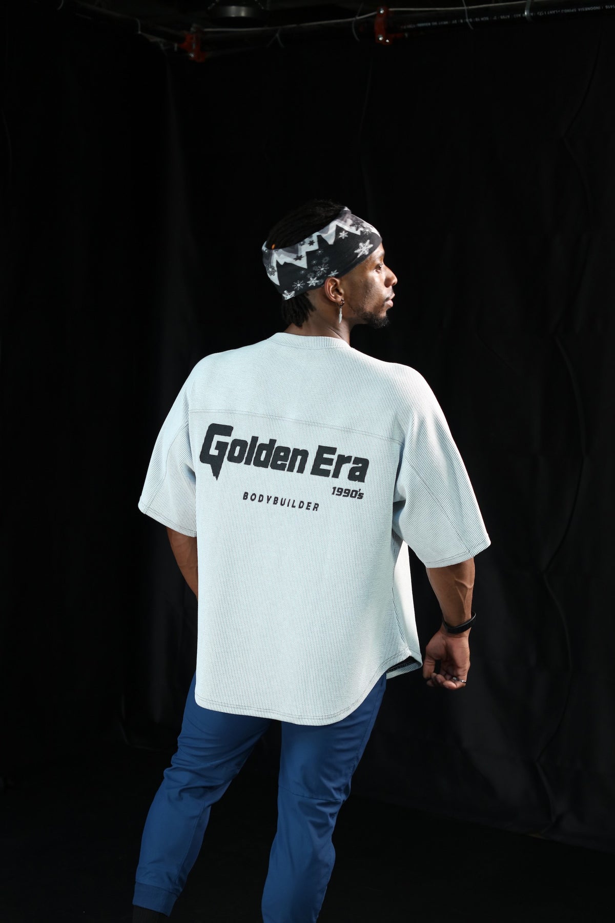 Waffle Rag Top in Storm Grey, back with Golden Era Bodybuilder print