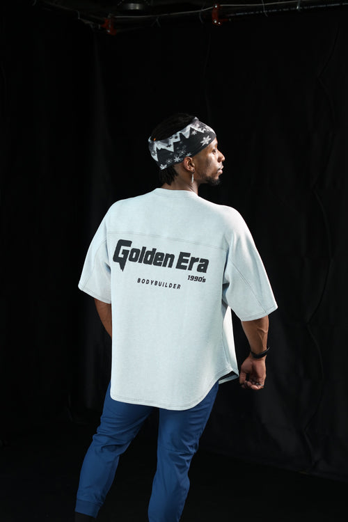 Waffle Rag Top in Storm Grey, back with Golden Era Bodybuilder print